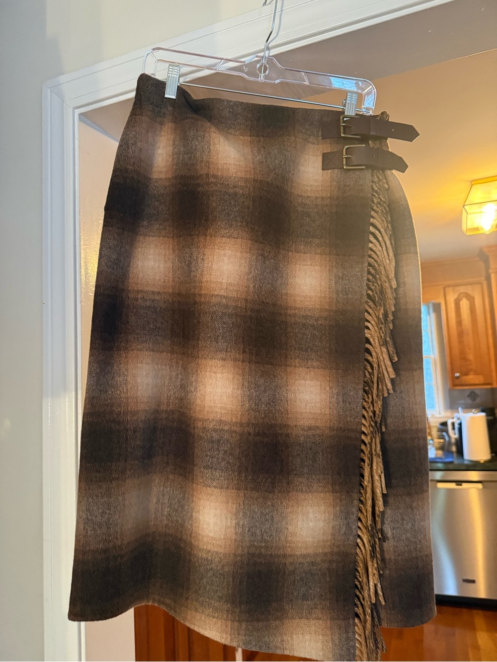 Banana Republic Brown Plaid Wrap Skirt with Fringe & Buckles